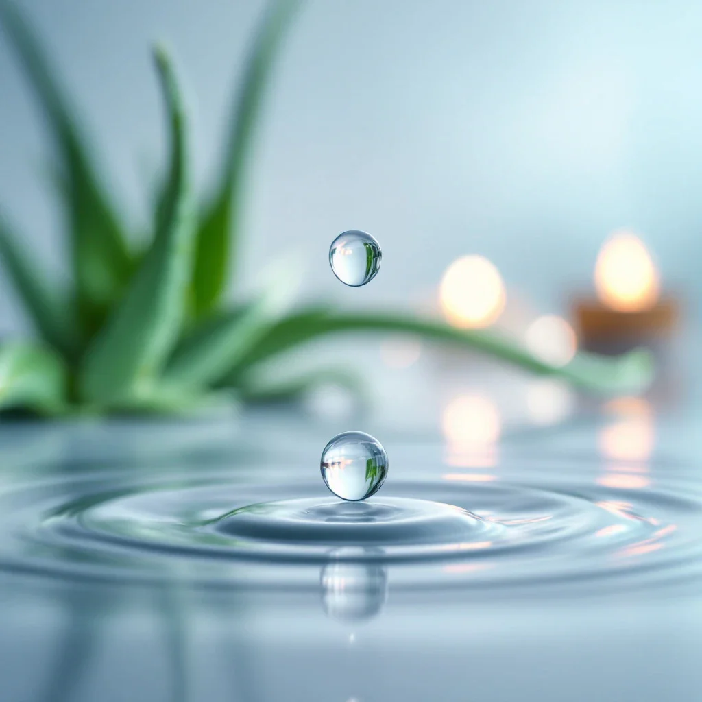 A conceptual macro photograph showing a pure water droplet creating ripples on a surface, with a subtle homeopathic globule s