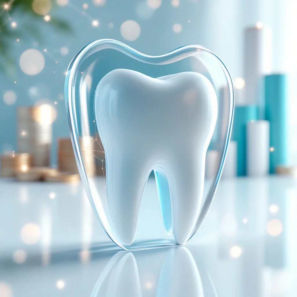 A glass shield protecting a white tooth model, symbolizing transparent and strong dental insurance coverage, with abstract fi