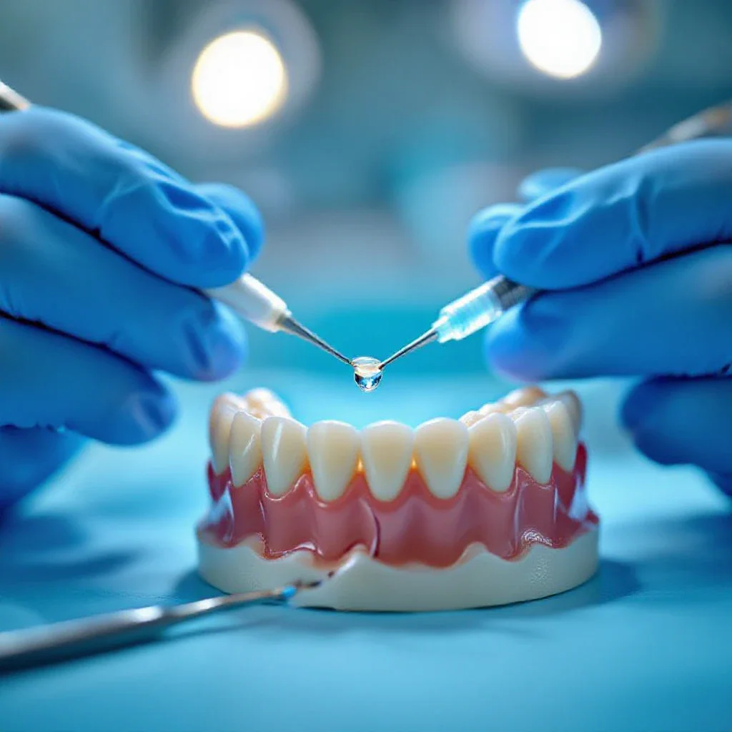 Close-up of a dental professional's gloved hands using a precision tool to apply adhesive to a subtle crack on a realistic de